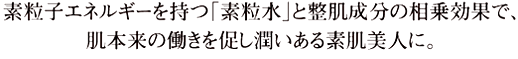 素粒子エネルギーを持つ「素粒水」と整肌成分の相乗効果で、肌本来の働きを促し潤いある素肌美人に。